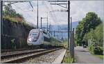 Der SNCV inoui TGV Rame 4715 bei Villeneuve mit einem blauen Zwergsignal, welche bei ETCS Betrieb Verwendung finden.