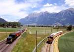 RhB/SBB Krokodil-Parallelfahrt Zugnummern RhB-3843/SBB-33031 von Landquart nach Chur vom 07.03.1997 zwischen Igis und Zizers mit RhB-Kompo E-Lok Ge 6/6I 415 - AS 1141 - AS 1143 - AS 1142 und SBB-Kompo