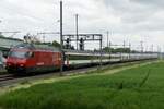 Die Re 460 082  Cerisio  am Zusatzmodul eines IC in Richtung Zürich am 18.5.23 bei Bassersdorf.