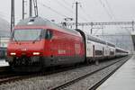 Die Re 460 117  Zürichsee  mit einem B und AS Dosto und EW IV Pendel am 23.1.25 im Bahnhof Visp.