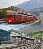 Auf den ersten Blick hat sich in den 44 Jahren, die zwischen den beiden Aufnahmen liegen, nicht allzuviel auf dem Bahnhofsvorplatz von Brig geändert. Noch immer nehmen hier die Züge nach Zermatt bzw. in Richtung Andermatt/Disentis ihren Anfang, allerdings fusionierten die frühere Furka-Oberalp-Bahn (FO) und Brig-Visp-Zermatt-Bahn (BVZ) im Jahre 2003 zur Matterhorn-Gotthard-Bahn. Damit änderten sich nicht nur die Aufschriften auf den Fahrzeugen, sondern auch die Farbgebung. Oben steht im Mai 1980 ein Deh 4/4 der BVZ mit einem Zug nach Zermatt abfahrbereit am Bahnsteig, darunter kommt der ABDeh 4/10 2012 auf der 2007 fertiggestellten Neubaustrecke mit dem RE 42 (Fiesch - Zermatt) am 08.05.2024 in Brig an.