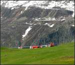 Über die Hangkante hochkommend - 

Ein Glacier-Express an der oberen Kehre kurz vor Nätschen. Nicht nur der Zug ist Motiv, sondern auch die Wiese und die Felsen im Hintergrund. 

23.05.2008 (M)