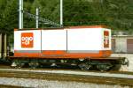 MGB exBVZ - Sbk 2753 am 23.05.1993 in Visp - Containertragwagen 4-achsig mit 1 offenen Plattform fr COOP - Baujahr 1956 - ACMV/SIG - Gewicht 8,80t - Ladegewicht: 15,00t - LP 10,56m - zulssige Geschwindigkeit km/h 75 - 4=12.02.1993 - Lebenslauf: ex BVZ M3 97 - 1959 M3 2655 - 1973 Rkm 2655 - 12.02.1993 Sbk 2753 - 2003 MGB Sbk 2753
