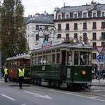 AGMT Association Genevoise du Musée des Tramways: Be 4/4 67 (Herbrand/AEG 1901 und Rekonstruktion CGTE/Sécheron 1936) + B 369 (SIG 1920), Linie 2 Rive-Nations-Rive, Rond-Point-de-Rive, Genf,