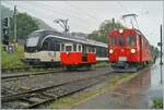 Winzig klein zeigt sich die RB (Réseau Breton) Draisine Dm 2/2 N° 3  Biniou  der Blonay-Chamby Bahn zwischen dem CEV MVR ABeh 2/6 N° 7503  Blonay-Chamby  und dem RhB ABe 4/4 I N°