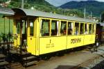 BC Museumsbahn - ex RhB As 2 am 23.05.1999 in Blonay - Salonwagen mit Berninabahn-Beschriftung 2-achsig mit 2 offenen Plattformen - Baujahr 1903 - SIG - Gewicht 9,00t - 26 Sitzpltze - LP 10,44m - zulssige Geschwindigkeit 40 km/h - Lebenslauf: RhB As 2 - 1948 BC 2101 - 1956 B 2191 - 1964 B 2194 - 1969 ausr. - 1970 an BC - 1999 As 2
