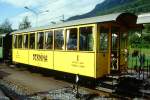 BC Museumsbahn - ex RhB As 2 am 23.05.1999 in Blonay - Salonwagen mit Berninabahn-Beschriftung 2-achsig mit 2 offenen Plattformen - Baujahr 1903 - SIG - Gewicht 9,00t - 26 Sitzpltze - LP 10,44m - zulssige Geschwindigkeit 40 km/h - Lebenslauf: RhB As 2 - 1948 BC 2101 - 1956 B 2191 - 1964 B 2194 - 1969 ausr. - 1970 an BC - 1999 As 2
