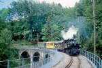 BC Museumsbahn Parade-Dampfzug 105077 von Blonay nach Weiche -(Chaulin) am 23.05.1999 auf Baye de Clarens-Viadukt mit Dampflok exSEG G 2x2/2 105 - exBOB C4 44 - exRhB As 2 - exCEG C 230.
