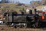 VHE Emmental, Verein historische Eisenbahn Emmental: Ed 3/4 (SLM, No. 1799, 1907, ex Solothurn-Münster-Bahn), nach vollbrachten Winterdampffahrten, Huttwil, 9. Februar 2025.