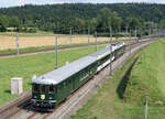 Verein Historische Mittel-Thurgau-Bahn.
Pendelzug mit BDt 20 und ABDe 4/4 12 bei Roggwil am 20. August 2021.
Foto: Walter Ruetsch