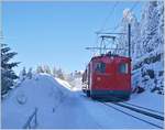 Im Schatten zwischen Rigi Staffel und Staffelhöhe zeigt sich die  Güterlok  He 2/2 N° 18. Die Lok wurde 1938 in Betreib genommen und von SLM/BBC gebaut. Wie die Treibwagen aus jener Zeit, darf die He 2/2 18 bergwärts mit 18 km/h verkehren und talwärts 12 km/h. Gekostet hat die Lok damals Fr. 87'170.55. (Quelle RB)

24. Februar 2018