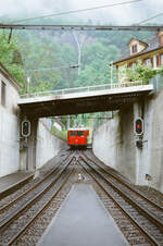 1983: Ein Zug der Vitznau-Rigibahn in der Nähe der Talstation, der BDhe 4/4 war zu dieser Zeit schon ziemlich alt 