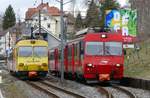 Diese beide Fahrzeuge BDeh4/4 12&13 verkehren seit dem 03. April 2018 nicht mehr in St. Gallen. Kreuzungsstelle Liebegg am 29.03.2018. Die Kreuzungsstelle wird im Moment umgebaut für die Durchmesserlinie Trogen-St. Gallen-Appenzell und die Fahrzeuge werden ersetzt durch der  Tango  vom Stadler.