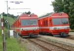 Zugbegegnung am 16.08.2004 in Jakobsbad, rechts BDeh4/4 32 mit Steuerwagen ABt 132, links BDeh4/4 31