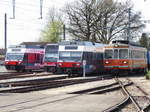 asm Seeland - Triebwagen Be 2/6 503 + 509 + 505 sowie Be 4/4 302 im Bahnhofsareal in Täuffelen am 30.03.2017
