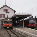 ASm RVO Aare Seeland mobil AG Regionalverkehr Oberaargau: Be 4/4 104 (SWS/MFO 1965), Extrazug Langenthal-Niederbipp-Solothurn, und Be 4/8 115 (Stadler 2011), Zug 9443 Oensingen-Solothurn, Niederbipp, 1. Februar 2024. Die Aufnahme entstand über den Zaun hinweg fotografiert. 