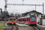 ASm RVO Aare Seeland mobil AG Regionalverkehr Oberaargau: Be 4/4 104 (SWS/MFO 1965), Extrazug Langenthal-Niederbipp-Solothurn, und Be 4/8 110 (Stadler 2008), Zug 442 Oensingen-Langenthal, Bannwil, 1. Februar 2025.