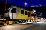 Der zweite Zugteil des Be 4/6 103  Jungfrau  wurde gehoben um dannach mit dem Castor/Pollux Transporter drunter zu fahren am 21.10.24 in Lauterbrunnen.