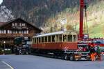 BLM Bergbahn Lauterbrunnen-Mürren: CFe 2/4 11 (SIG/MFO 1913), Vorbereitung für die Fahrt nach Rain (Aussendepot des Verkehrshauses der Schweiz in Luzern), Lauterbrunnen, 24.