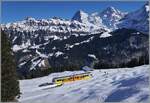 Was für ein Panorama: Eiger, Mönch und  Jungfrau ! Der BLM Be 4/6 103  Jungfrau  ist als R66 auf der Fahrt von Mürren nach Grütschalp. 

18. Februar 2018