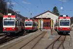 WB/BLT: Der Bahnhof Waldenburg mit den BDe 4/4 13, 12 und 16 am 1. April 2017.
Foto: Walter Ruetsch