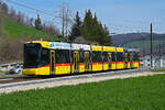 Be 6/8 104 Tramlink der WB, auf der Linie 19, fährt am 20.03.2024 zur Haltestelle Hirschlang. Aufnahme Hölstein Basel Land.