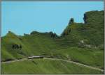 Blick vom Rothorn auf einen talwrts fahrenden Zug der Brienz Rothornbahn. Bei der blauen Flche im Hintergrund handelt es sich nicht um den Himmel, sondern um den Brienzer See. Die Aufnahme stammt vom 25.07.2008.