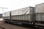 Am 22.09.2024 stehen Containertragwagen der Chemins du fer du Jura im Bahnhof von Le Noirment. Sie dienen weitgehend dem Transport von Abfällen.