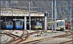 ABe 8/8 22  Ticino  und 23  Ossola , ein Treno Panoramico Vigezzo und Centovalli Express ABe 4/8 48 im Depot Domodossola (I). (10.04.2019)