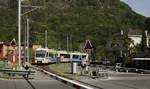 Der ABe 4/8 45 der FART hat am 07.05.2019 den Bahnhof Ponte Brolla verlassen und sich auf den Weg nach Domodossola gemacht