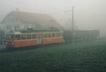 BD: Letzte Zuckerrübenkampagne auf der Bremgarten-Dietikon-Bahn.
Zum Leid des Bahnfotografen wurde im November 1989 an einem sehr nebligen Tag zum letzten Mal ein Zuckerrübenzug von Rudolfstetten nach Bremgarten-West transportiert. Im Einsatz stand der damalige Gütertriebwagen BDe 4/4 11. Diese historische Aufnahme mit dem leicht erkennbaren Rübenzug entstand unterhalb Rudolfstetten.
Foto: Walter Ruetsch  