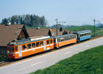 TB/TL: BDe 4/4 6 mit einem bunten Zug nach St. Gallen unterwegs im Frühling 1994.
Von der ehemaligen Lausanne-Moudon Bahn wurden vier Personenwagen übernommen.
Der B4 11 wurde 1970 nach einem Einsatz bei der FB im Jahre 1970 in Betrieb genommen. Die B4 12-14 standen ab dem Jahre 1963 bei der TB im Einsatz. 
Mehrere Jahre leisteten somit stilreine Lausanner Garnituren bestehend aus BDe 4/4 Triebwagen und B4 Personenwagen wertvolle Dienste in der Ostschweiz.
Foto: Walter Ruetsch 