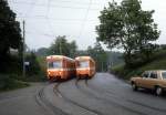 Trogenerbahn: Zwei TB-Pendelzge der Baureihe BDe 4/8 treffen sich am 27. Juni 1980 zwischen Speicher und St. Gallen.