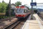 BDe 4/4 16 verlsst am 21.7.08 mit dem Bt 116 und dem Bt 120 den Bahnhof Liestal Richtung Waldenburg.