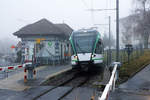 Lausanne Echallens Bercher Bahn/LEB.
ALT UND NEU.
Ein neuzeitlicher RBe 4/8 41-50 beim Passieren der historischen Station Etagnières am 2. Februar 2020.
Foto: Walter Ruetsch
