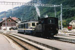 Nicht erkennbarer MOB Triebwagen der Serie 3000 anlässlich einer Überfuhr der BC G 3/3 6, ehemals BAM, von der GFM zurück zur BC.
Die Aufnahme ist im Dezember 1993 in Montbovon bei einem Zwischenhalt entstanden.
Foto: Walter Ruetsch