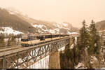 MOB Be 4/4 9201 mit GoldenPass Panoramic Montreux - Zweisimmen am 6. Februar 2021 auf dem Viadukt bei Flendruz. Die Schweiz war an diesem Tag von einer grossen Menge Saharastaub betroffen.