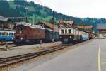 BLS/SEZ/MOB: Zusammentreffen von der BLS ehemals GBS Ce 4/6 307 (1920) und einem DZe 6/6 (201-202, 1932) in Zweisimmen am 9. September 1988.
Foto: Walter Ruetsch