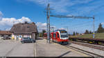 NStCM ABe 4/8 404-403 am 17. April 2021 im Endbahnhof La Cure.<br>
Bis 1958 war dies der Grenzbahnhof zur französischen Chemins de fer Électriques du Jura und deren weiterführenden Strecke nach Morez. Genaugenommen ist die Strecke auch heute noch grenzüberschreitend, die letzten 5 Meter Gleis, dort wo im Hintergrund die abgestellte Gem 2/2 451 zu sehen ist, befinden sich bereits auf französischem Boden.