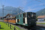 He 2/2 62 zusammen mit den Sommerwagen Nr.7 und Nr.3 der Schynige-Platte Bahn verlässt am 31.08.2024 den Bahnhof Widerswil.