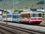 tpc - ( 100 Jahre AOMC ) Fahrzeugparade mit dem AOMC Triebwagen BDeh 4/4 502  und ASD Triebwagen BDe 4/4 403 mit Salonwagen Ars  421 und dem Salonsteuerwagen Arst  433  unterwegs bei Aigle am 07.06.2008