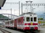 tpc - ( 100 Jahre AOMC ) Fahrzeugparade mit dem AOMC Triebwagen BDeh 4/4 513 und mit dem Gterwagen K 64 und den Personenwagen B 525 und B 524 und B 523 im Bahnhof von Aigle am 07.06.2008