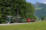 TPF/GFM: Ex GFM Be 4/4 111 mit historischen Wagen unterwegs zwischen Bulle und Broc am 23. Juni 2012, anlässlich der Feier zum hundertjährigen Bestehen dieser Strecke.
Foto: Walter Ruetsch