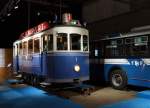 TPF/TF: Tram Ce 2/2 no 1 aus dem Jahre 1897 und der SAURER Trolleybus no 34 (1964) an der Messe Freiburg ausgestellt am 10.