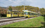 Abschiedsanlass Littorail 500 am 27. Oktober 2019. Kreuzung der beiden Sonderzüge in Auvernier bestehend aus dem historischen Be 2/2 73 mit Anhängewagen und dem blumengeschmückten Be 4/4 504 mit Bt 554 als Vertreter der heutigen Fahrzeuggeneration, welche in Kürze durch von der Trogenerbahn übernommene Tango-Trams ersetzt wird.