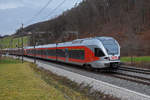 RABe 526 054-2 der SOB fährt Richtung Bahnhof Gelterkinden. Die Aufnahme stammt vom 22.12.2020.