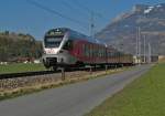 Bei Weite fuhr ein Stadler-FLIRT der Sdostbahn, unterwegs als S4 23451 von Uznach ber St. Gallen nach Sargans dem Fotograf vor die Linse. Von Sargans aus fhrt dieser Triebzug mit einer genderten Zugnummer weiter als S4 nach Uznach (07.03.2014).