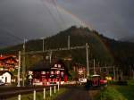 Bahnhof Langwies mit doppel Regenbogen (das zweite ist ein wenig schwächer).
Strecke Arosabahn (Chur - Arosa) 10.05.2014.