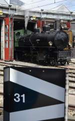 Jubiläum 125 Jahre RhB am 10.05.2014 im Depot Landquart.
Dampflok 108 bei der Ausfahrt zur Lokparade.