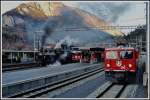 G 4/5 108  Engiadina , RE1244 mit Ge 4/4 II 625  Küblis  sowie Ge 4/4 I 610  Viamala  in Reichenau-Tamins (21.12.2013)